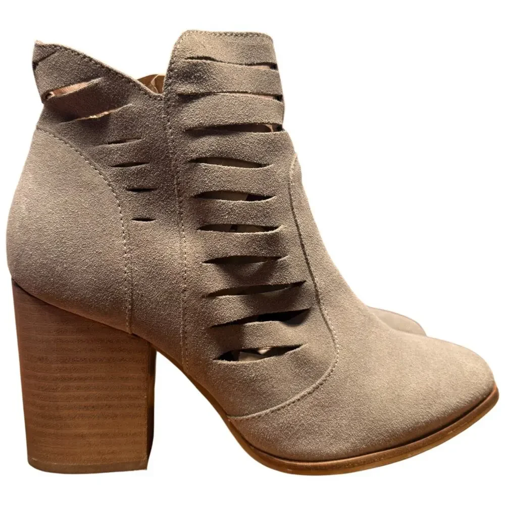 SEYCHELLES Let's Go Crazy Women 8.5 Taupe Suede Cutout Block Heel Ankle Boots
